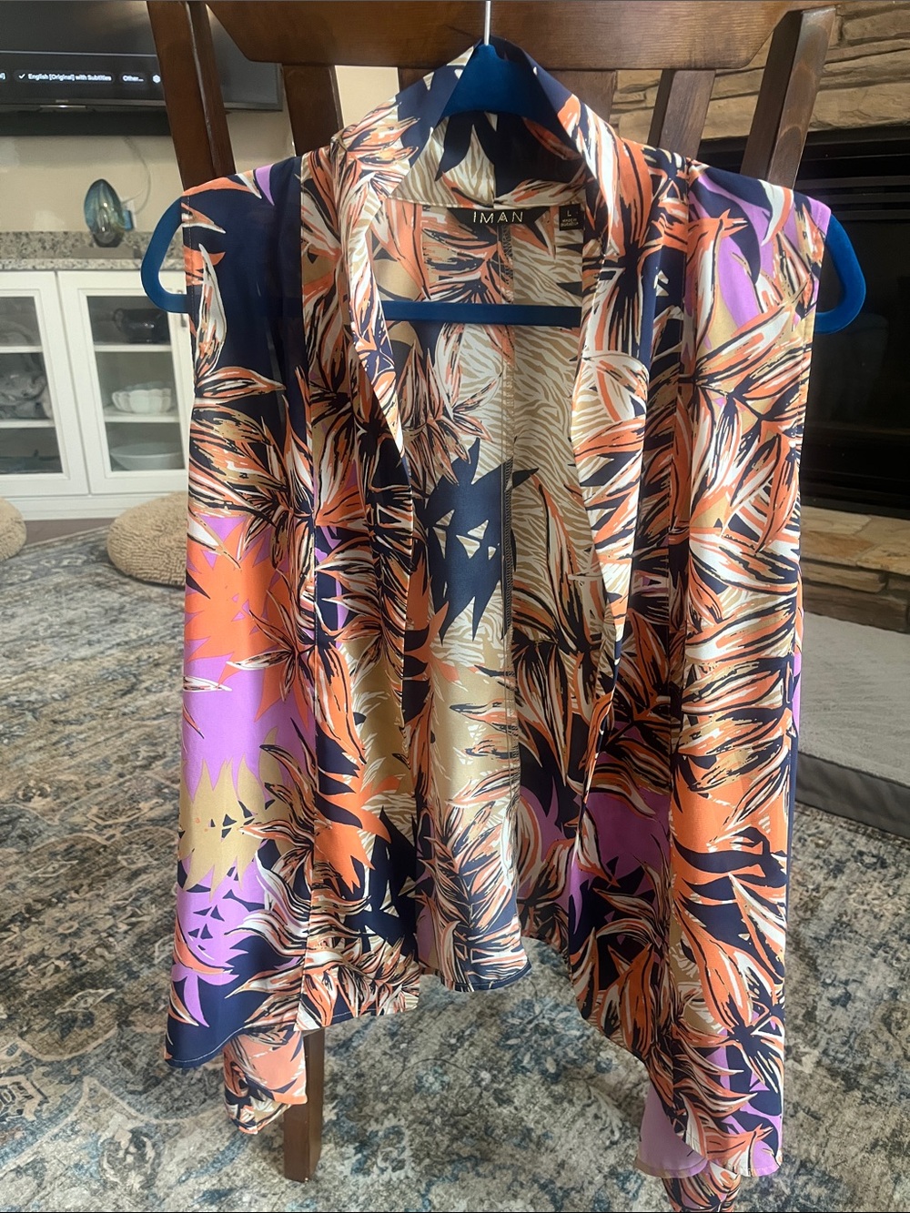 IMAN Sleeveless Floral Print Draped Vest in Navy, Orange & Purple (matching top)